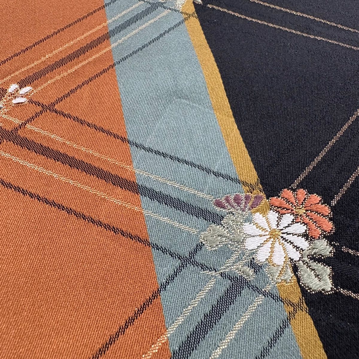  袋帯 秀品 草花 斜め格子 金糸 箔 黒 六通 正絹 袋帯 帯