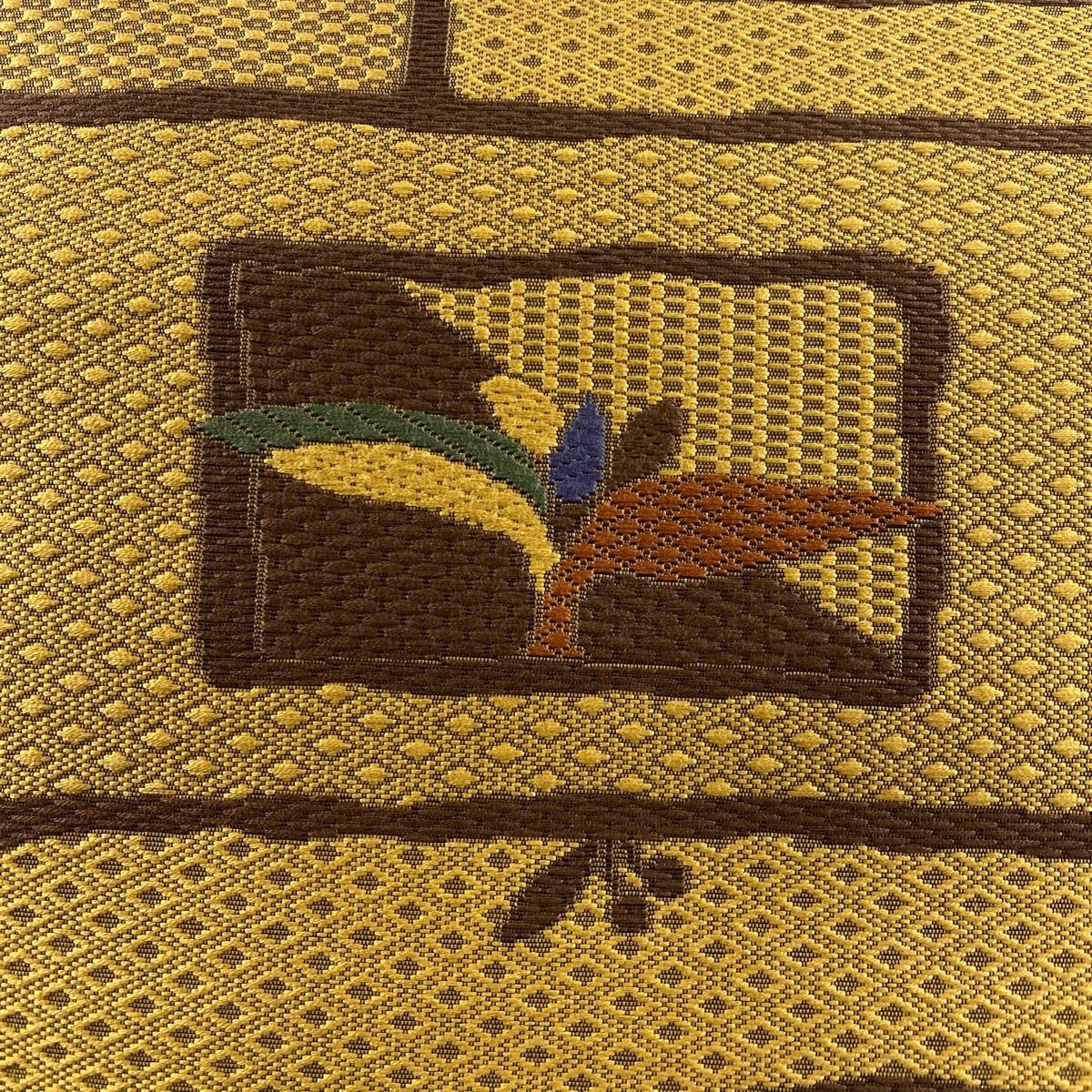 名古屋帯 秀品 八寸名古屋帯 トンネル仕立て 草花 幾何学 山吹茶色 正絹