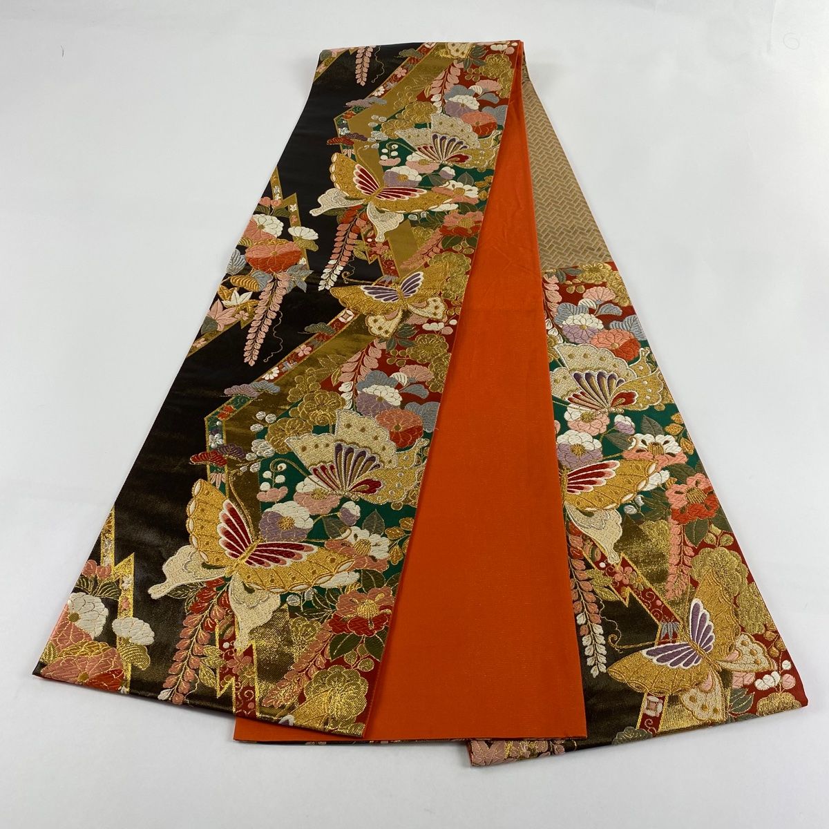  袋帯 秀品 振袖向き 蝶 草花 唐織 箔 朱色 六通 正絹 袋帯 帯