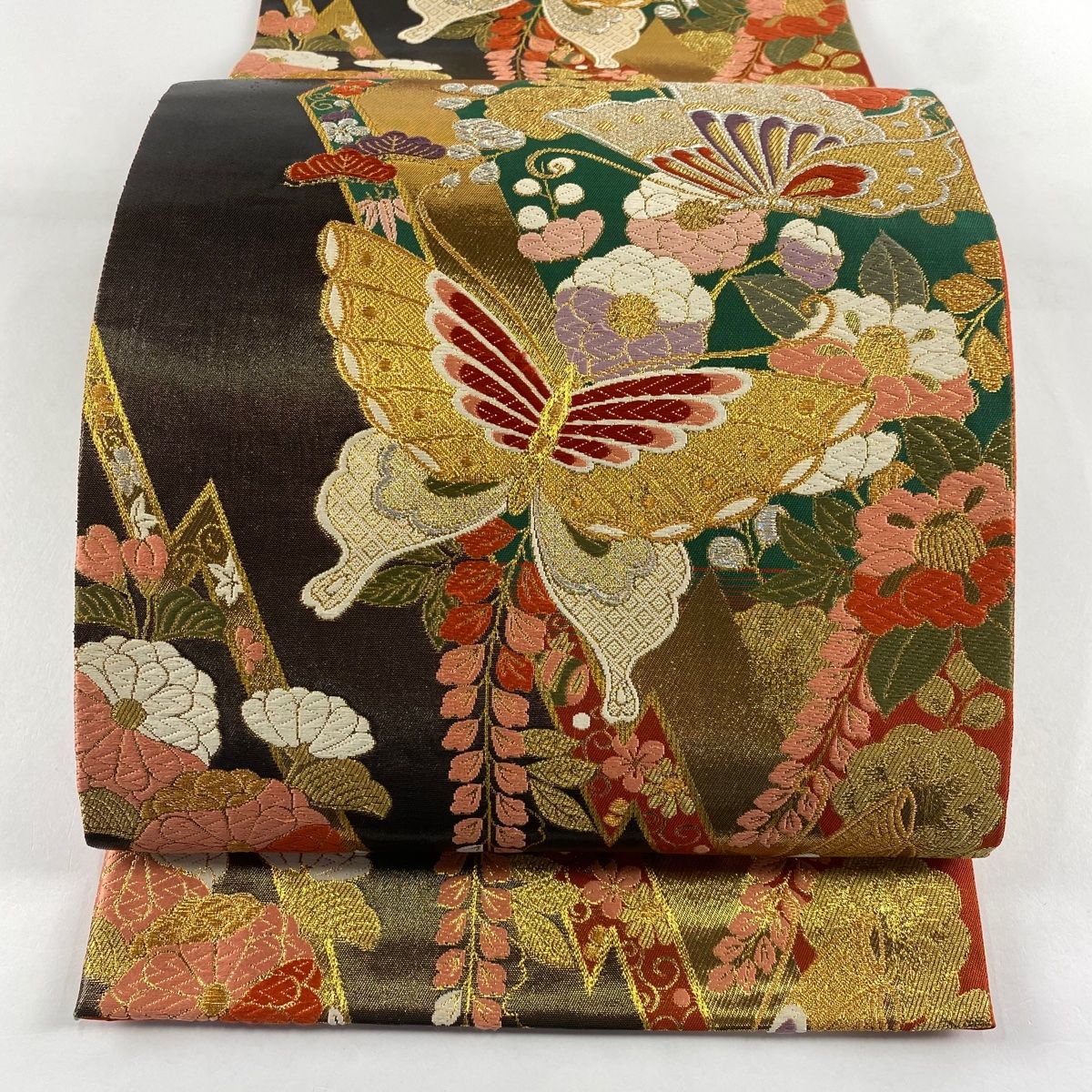 袋帯 秀品 振袖向き 蝶 草花 唐織 箔 朱色 六通 正絹