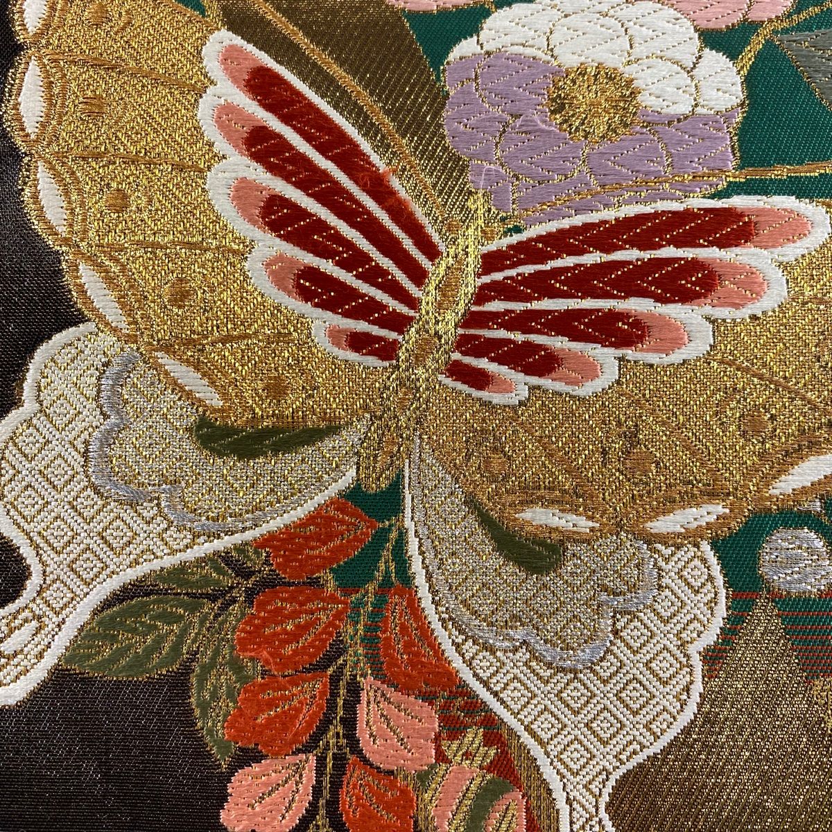 袋帯 秀品 振袖向き 蝶 草花 唐織 箔 朱色 六通 正絹