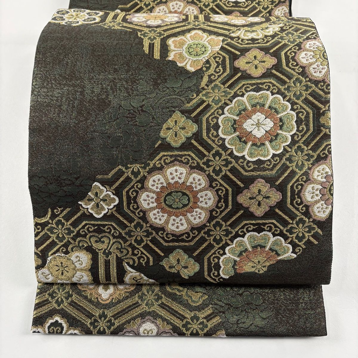 袋帯 秀品 華文 花菱 金糸 青銅箔 深緑 六通 正絹