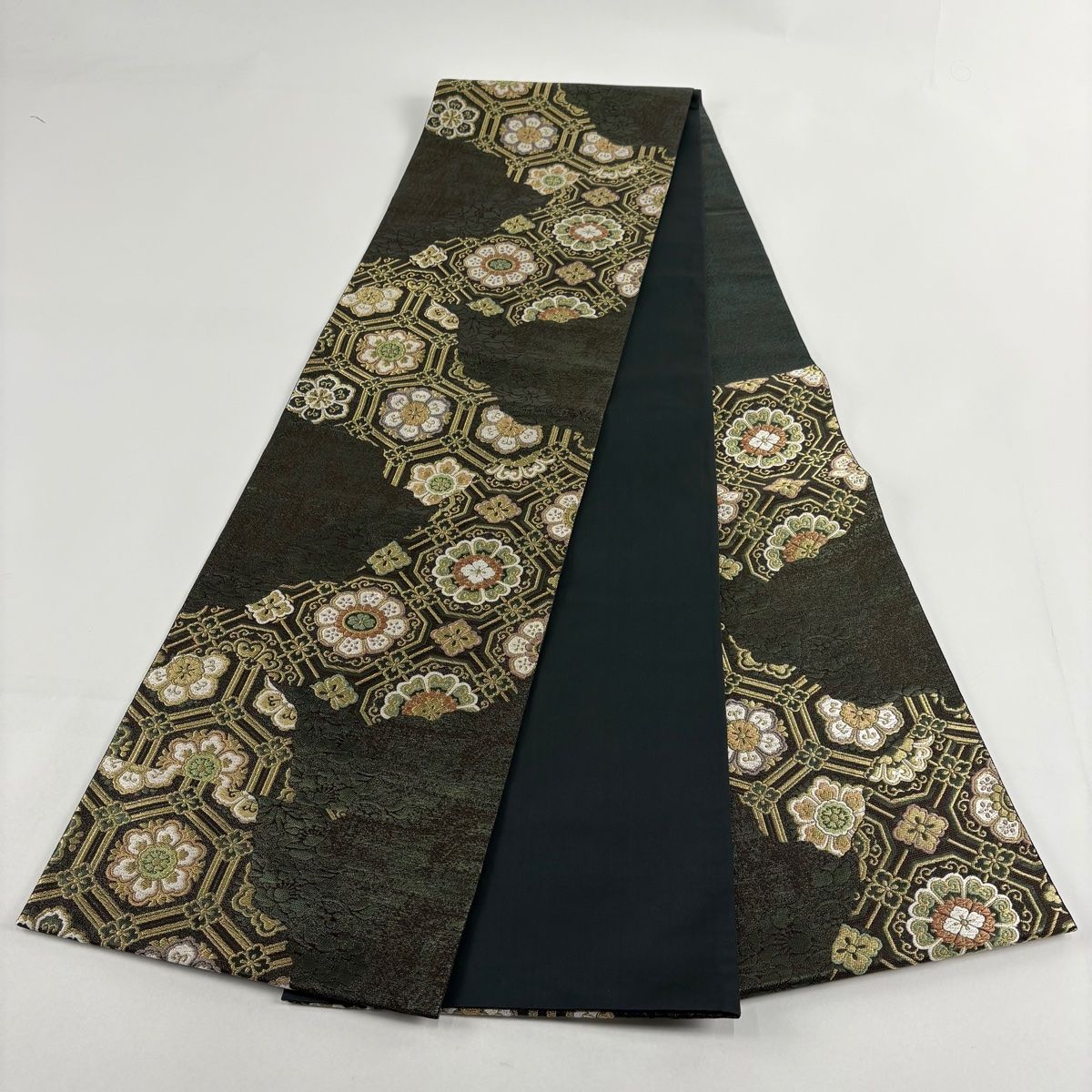  袋帯 秀品 華文 花菱 金糸 青銅箔 深緑 六通 正絹 袋帯 帯
