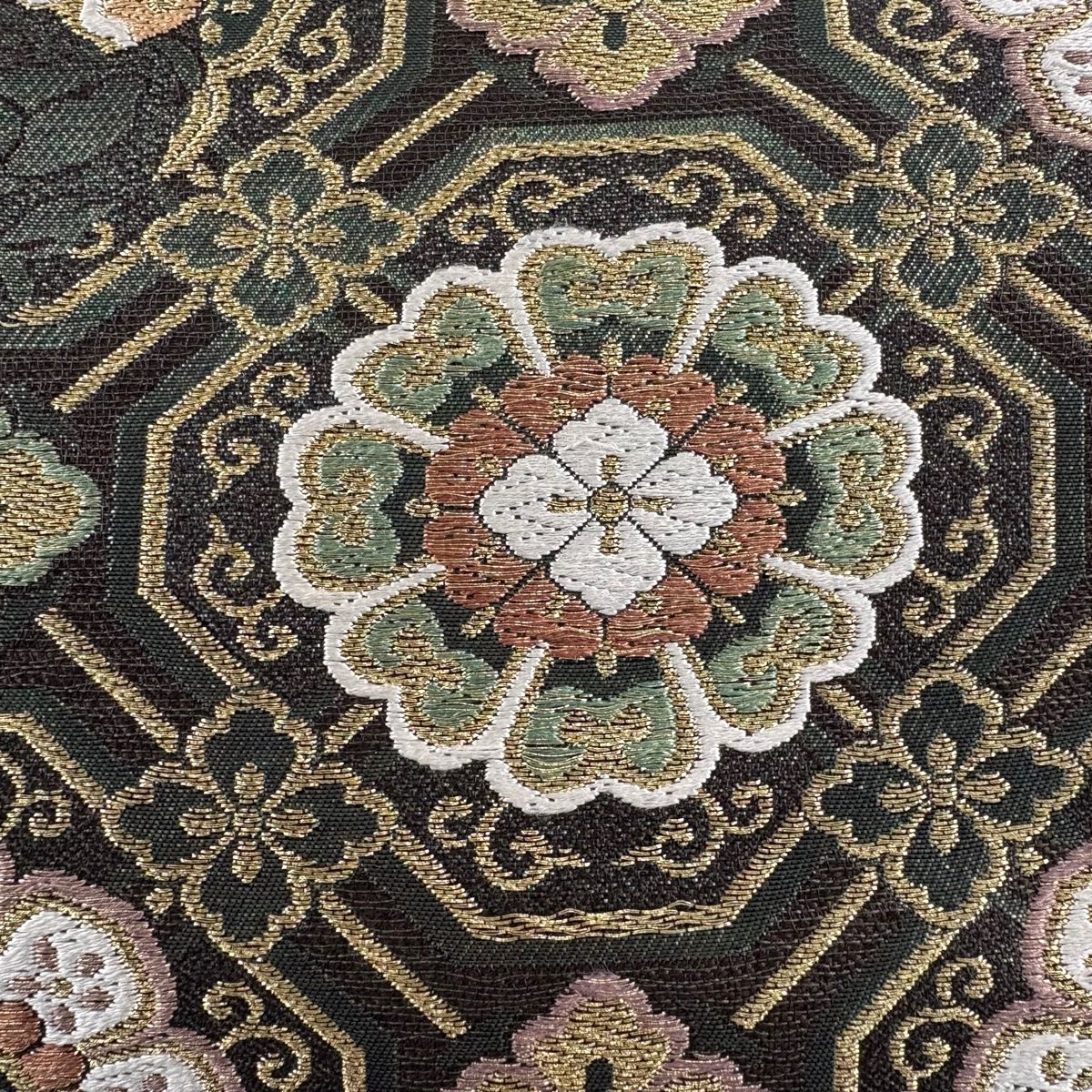 袋帯 秀品 華文 花菱 金糸 青銅箔 深緑 六通 正絹