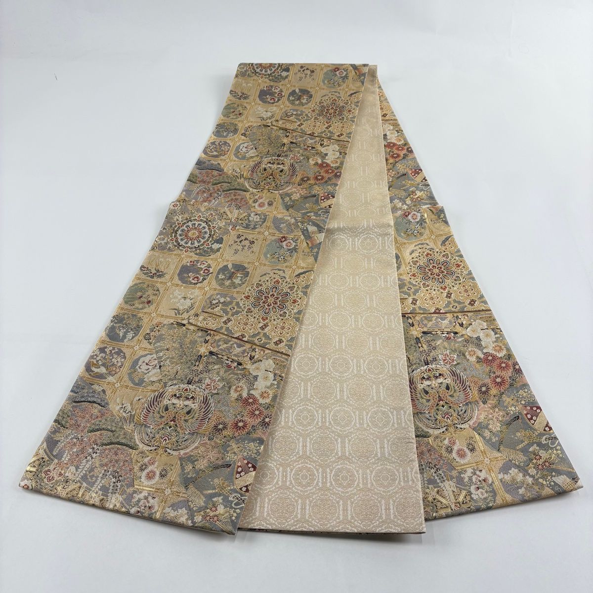  袋帯 秀品 向かい鳳凰 華文 金糸 箔 薄オレンジ 全通 正絹 袋帯 帯