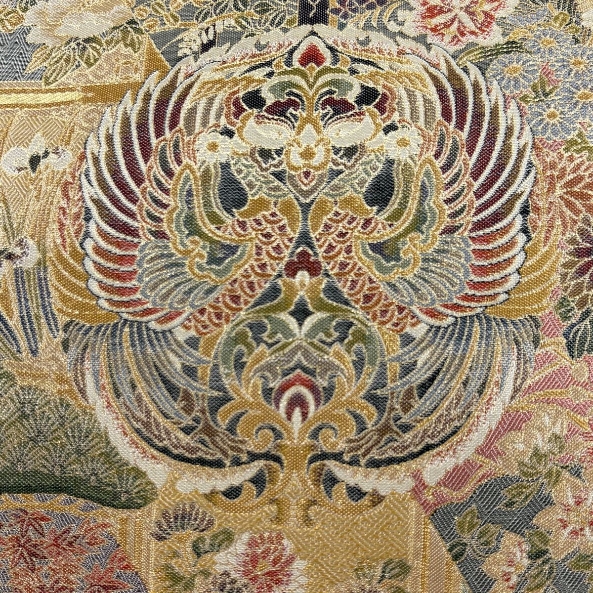 袋帯 秀品 向かい鳳凰 華文 金糸 箔 薄オレンジ 全通 正絹