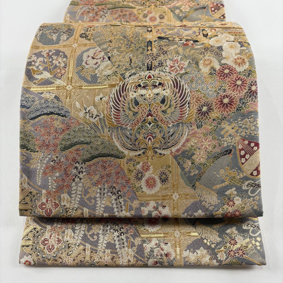 袋帯 秀品 向かい鳳凰 華文 金糸 箔 薄オレンジ 全通 正絹