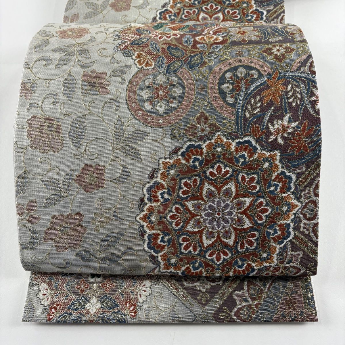 袋帯 秀品 華文 花鳥 金糸 箔 銀色 六通 正絹