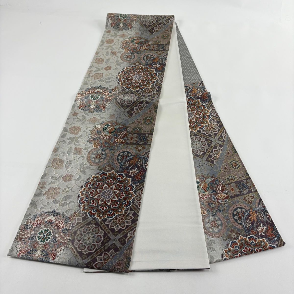  袋帯 秀品 華文 花鳥 金糸 箔 銀色 六通 正絹 袋帯 帯