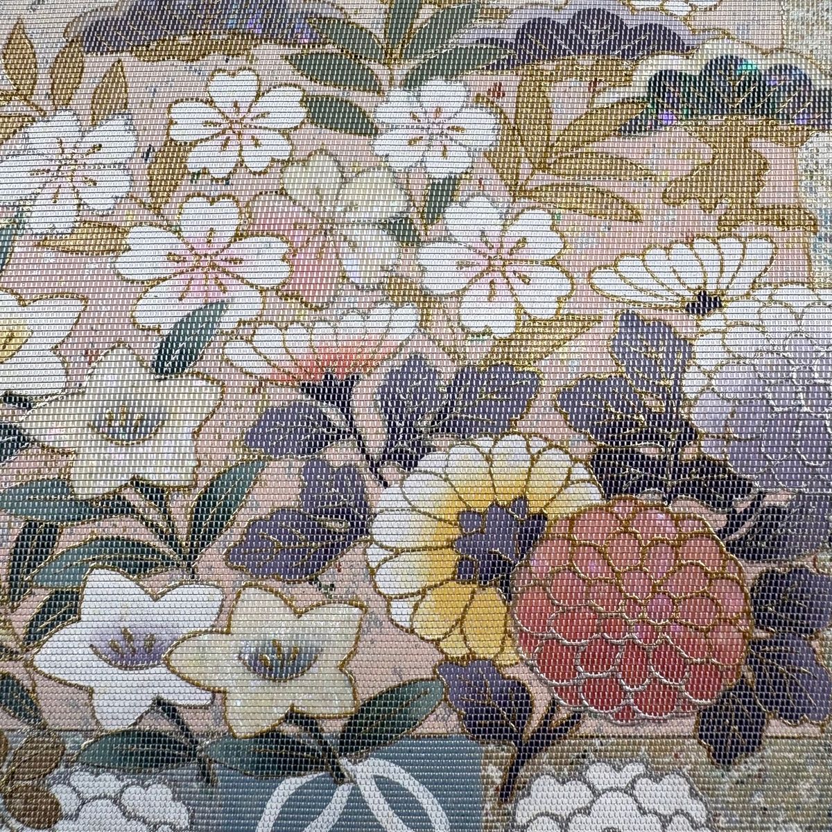 袋帯 秀品 松竹梅 草花 螺鈿 金銀彩 クリーム お太鼓柄 正絹 【中古