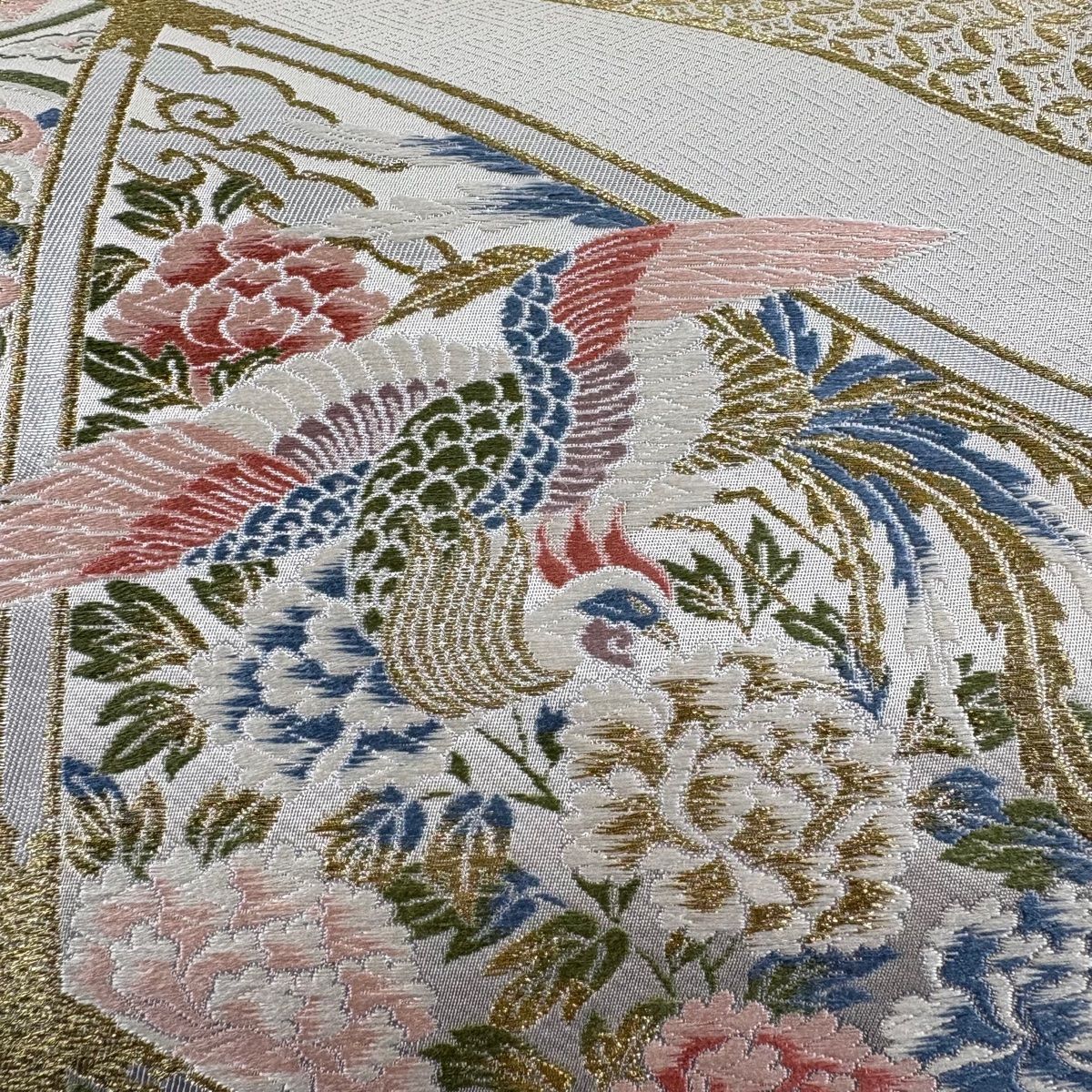 袋帯 秀品 鳳凰 華文 金糸 唐織 クリーム 六通 正絹