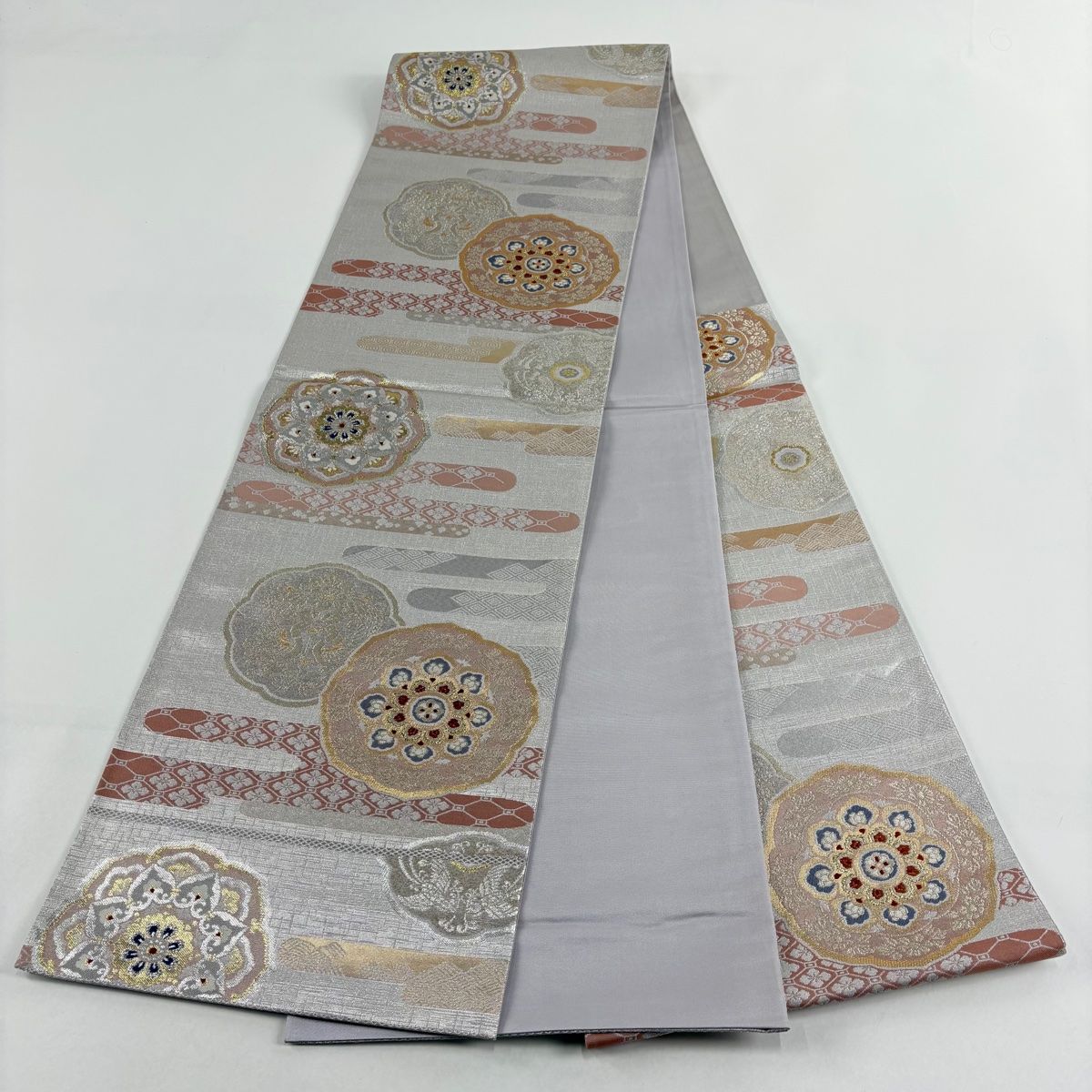  袋帯 秀品 関西仕立て 華文 ヱ霞 金銀糸 箔 銀色 六通 正絹 袋帯 帯