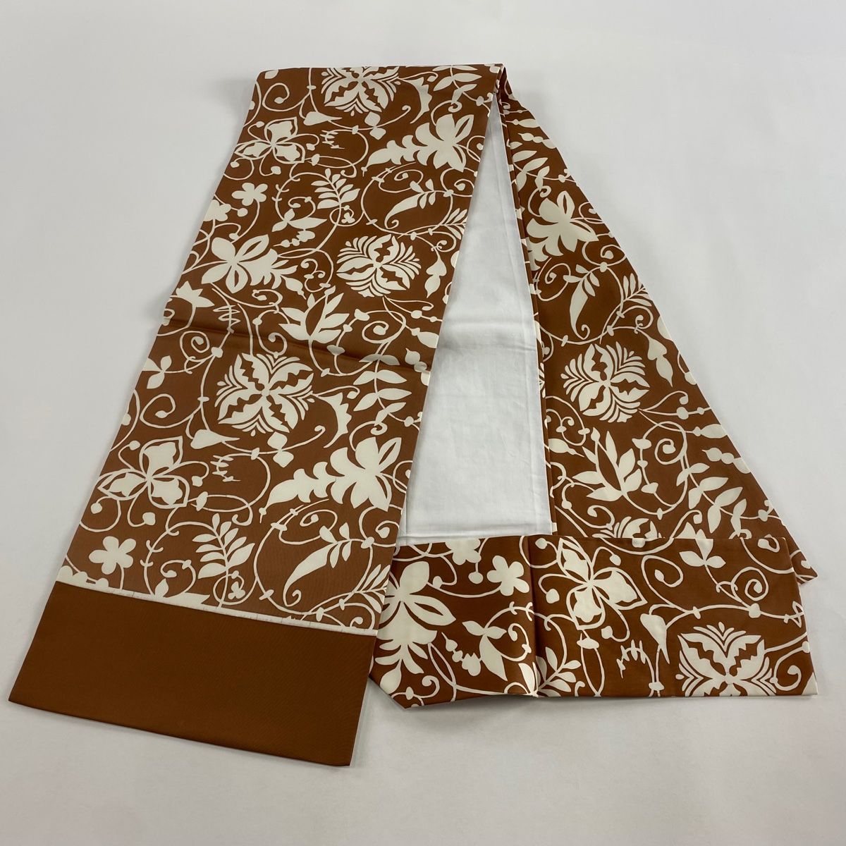  名古屋帯 秀品 松葉仕立て 花唐草 小豆色 正絹 名古屋帯 帯