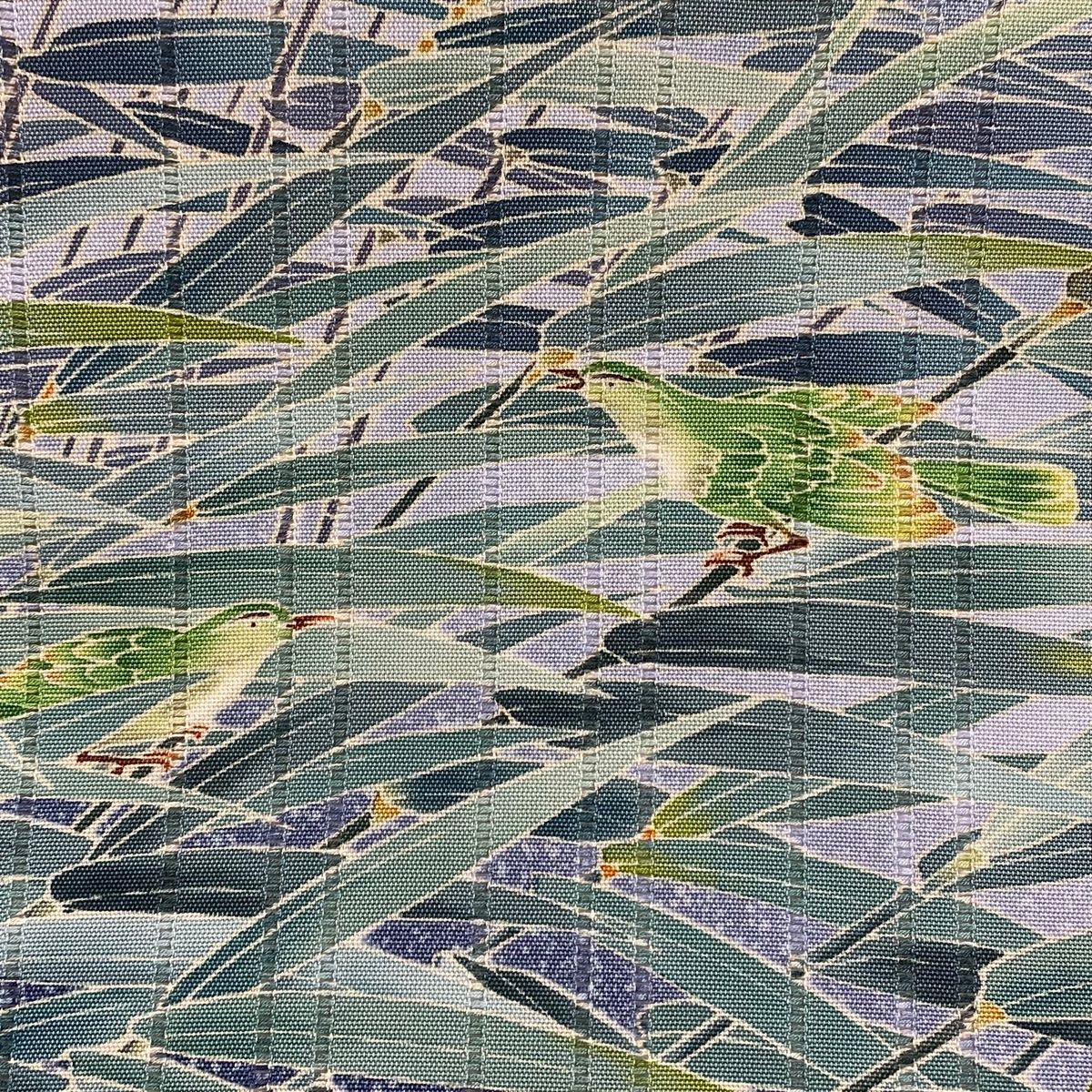 開き名古屋帯 秀品 落款 鳥 葉柄 ぼかし 青緑 正絹