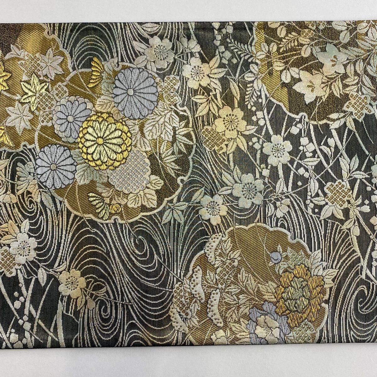  袋帯 秀品 琳派雪輪取文 流水 箔 唐織 黒灰 六通 正絹 袋帯 帯