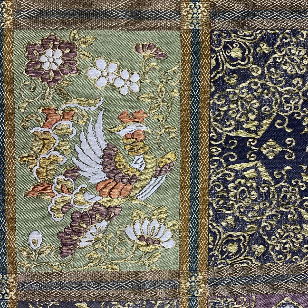 袋帯 秀品 花鳥 華文 唐織 金糸 灰緑 六通 正絹