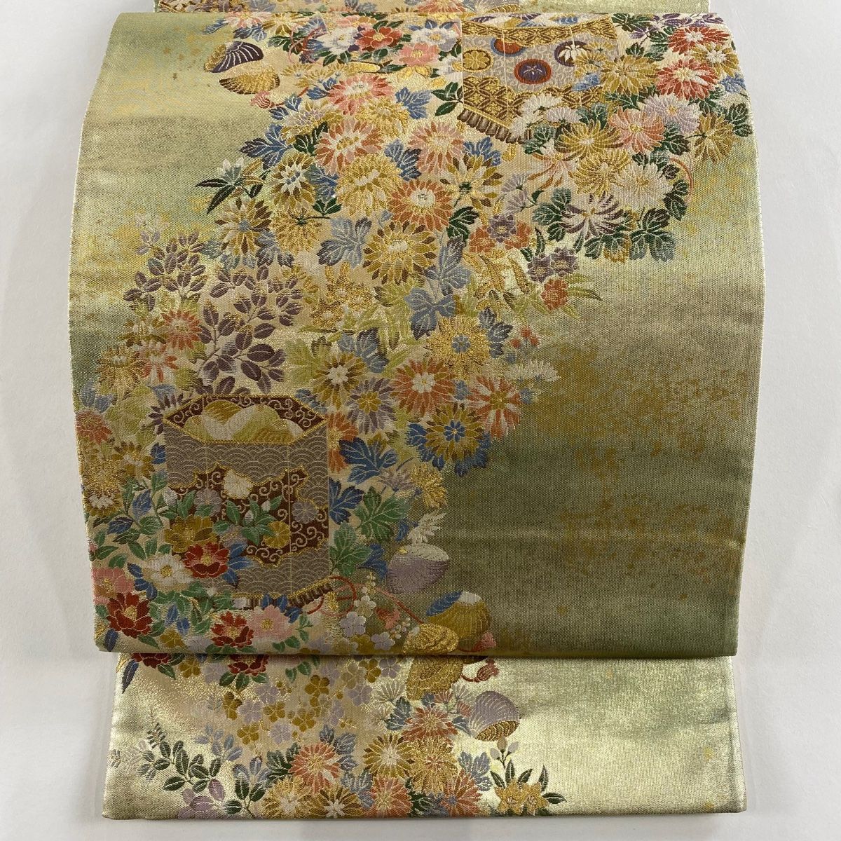 袋帯 秀品 加賀夢想 引箔紹 貝桶 草花 箔 金色 六通 正絹