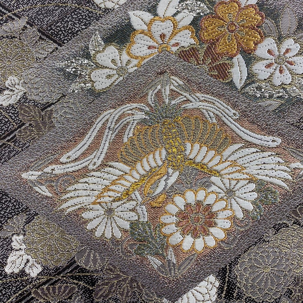 袋帯 秀品 関西仕立て 花鳥 蝶 唐織 箔 黒灰 六通 正絹