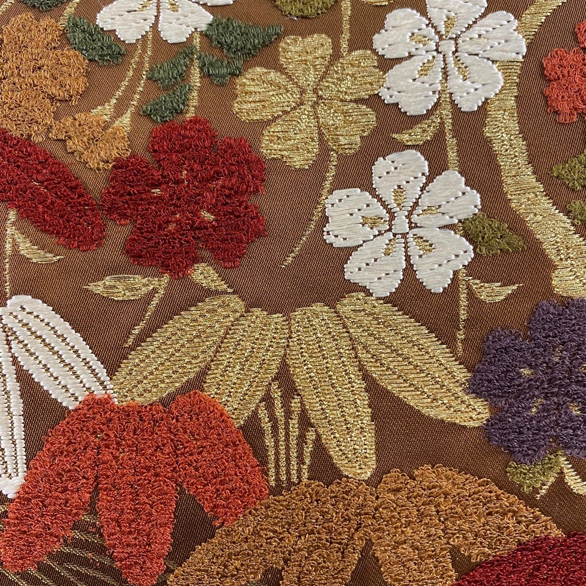 袋帯 秀品 草木染 枝垂れ桜 笹 唐織 箔 茶色 六通 正絹