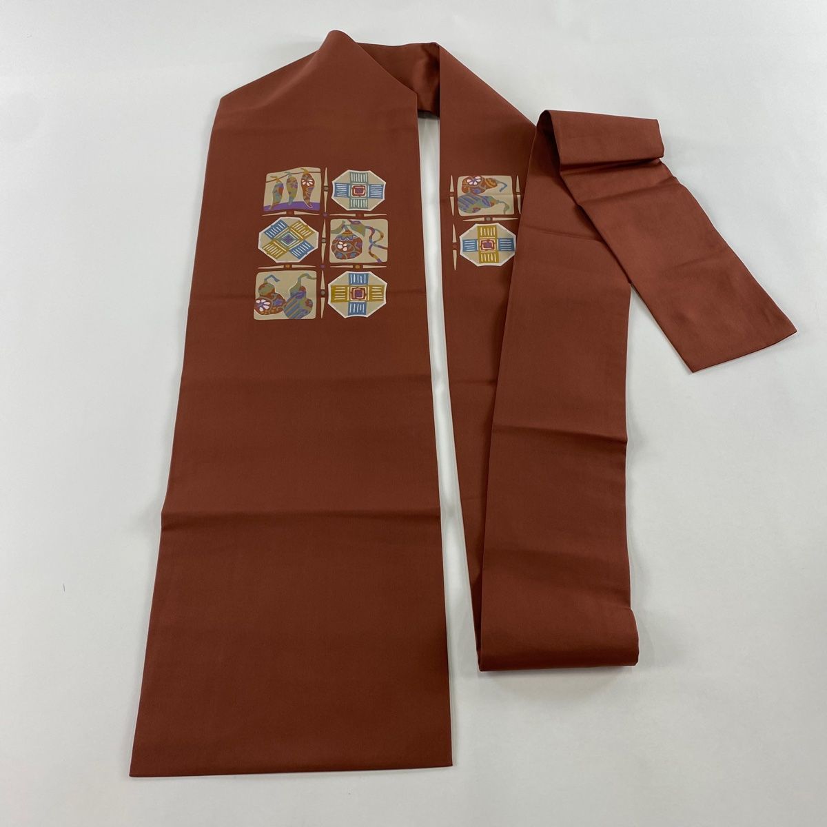  名古屋帯 秀品 生り物 幾何学模様 赤茶 正絹 名古屋帯 帯