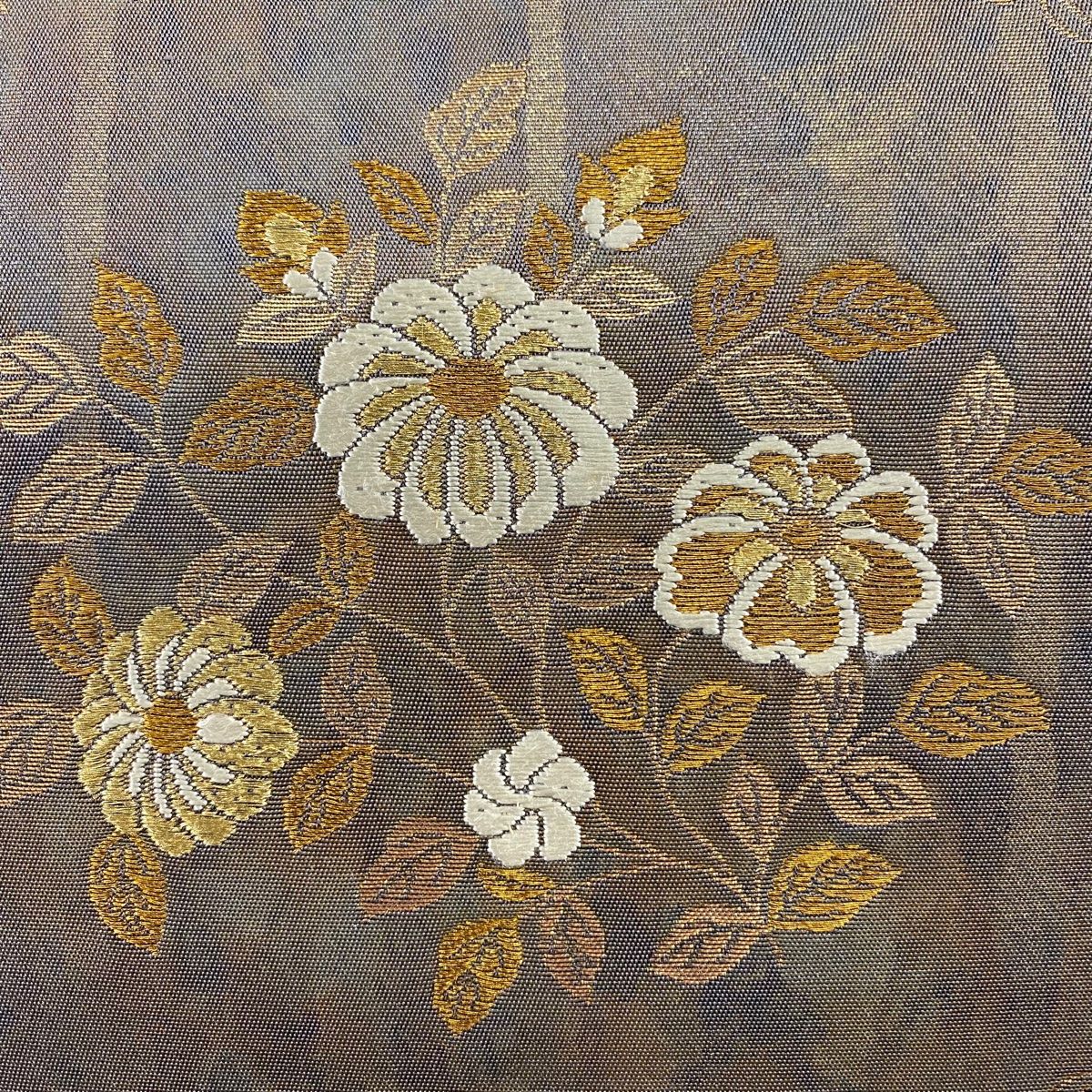 袋帯 秀品 証紙 草花 金糸 刺繍 灰茶 六通 正絹