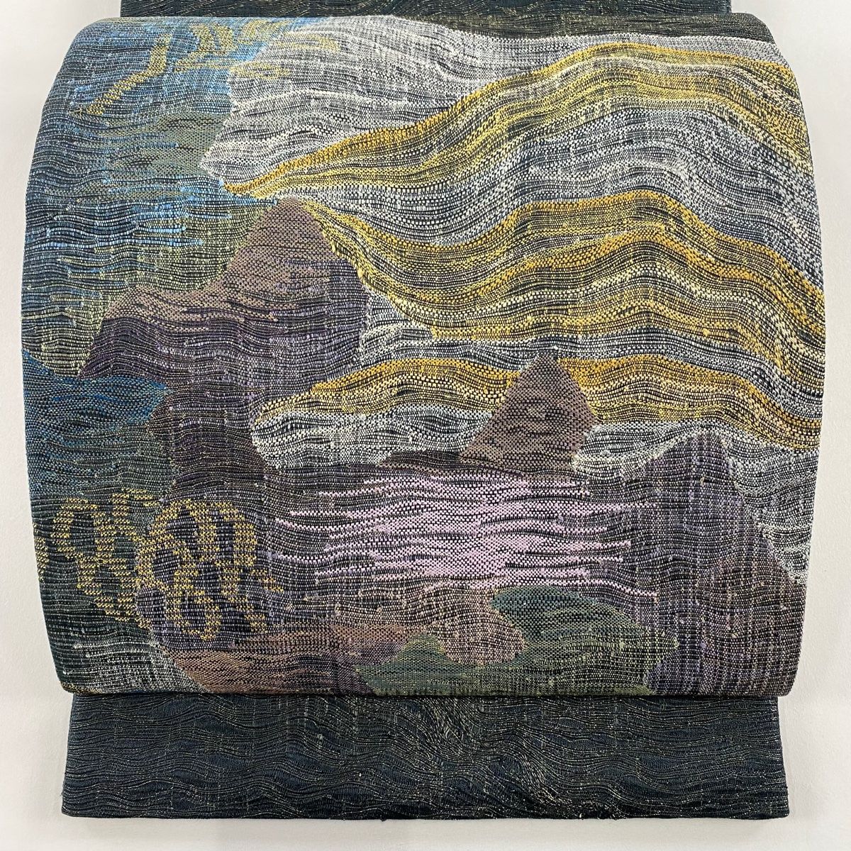 袋帯 秀品 波 幾何学模様 金糸 灰紫 お太鼓柄 正絹