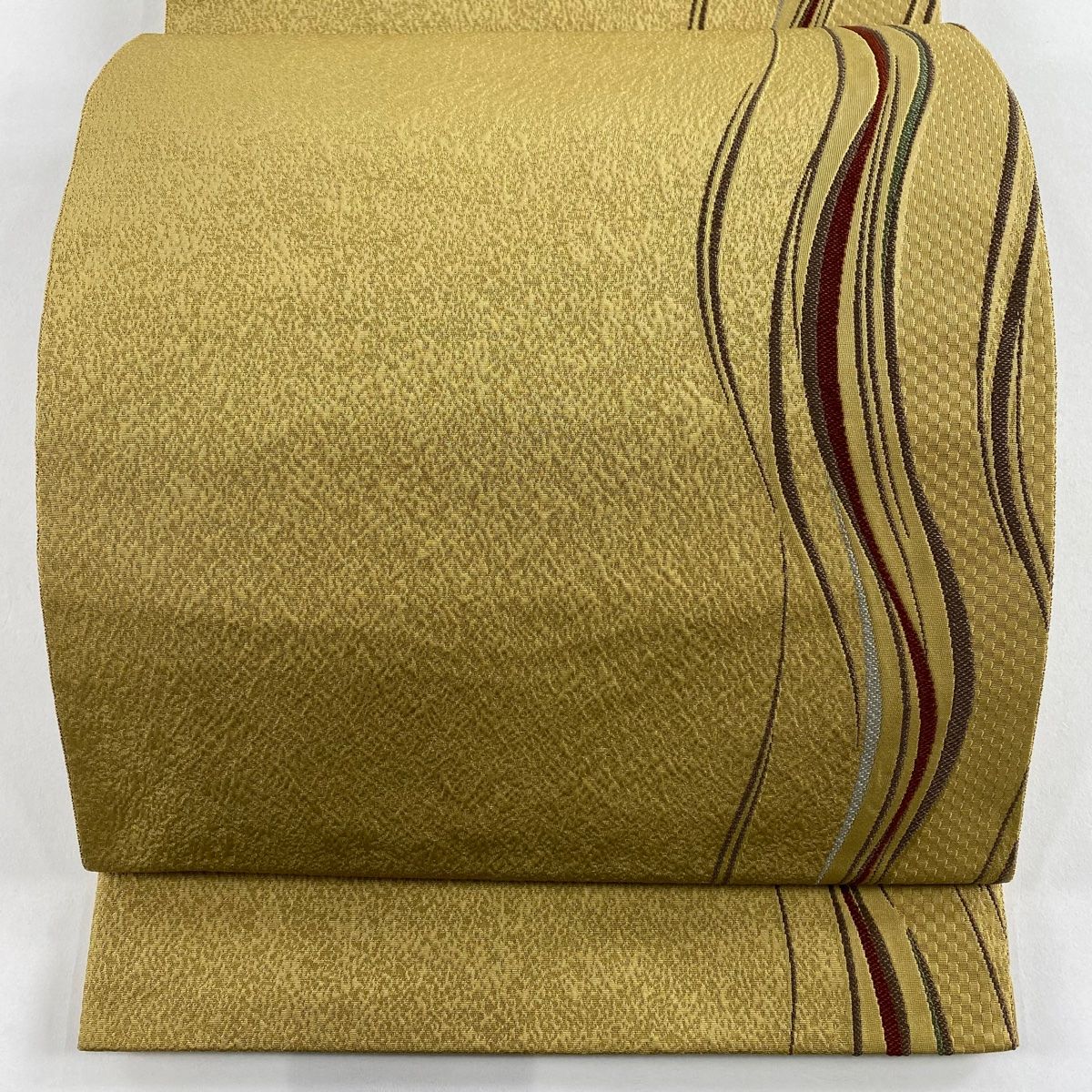 袋帯 秀品 よろけ縞 金糸 薄黄土色 六通 正絹