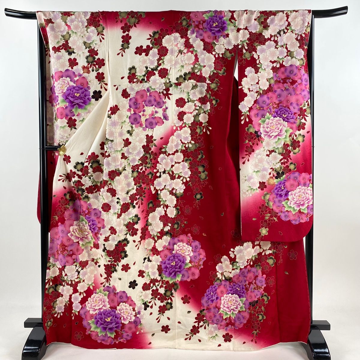 振袖 身丈169.5 cm 裄丈67 M 袷 牡丹 桜 刺繍 金彩 クリーム 正絹