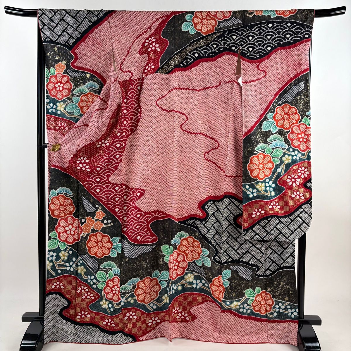 振袖 身丈168 5 cm 裄丈68 L 袷 菊 梅 絞り 金銀彩 赤 正絹