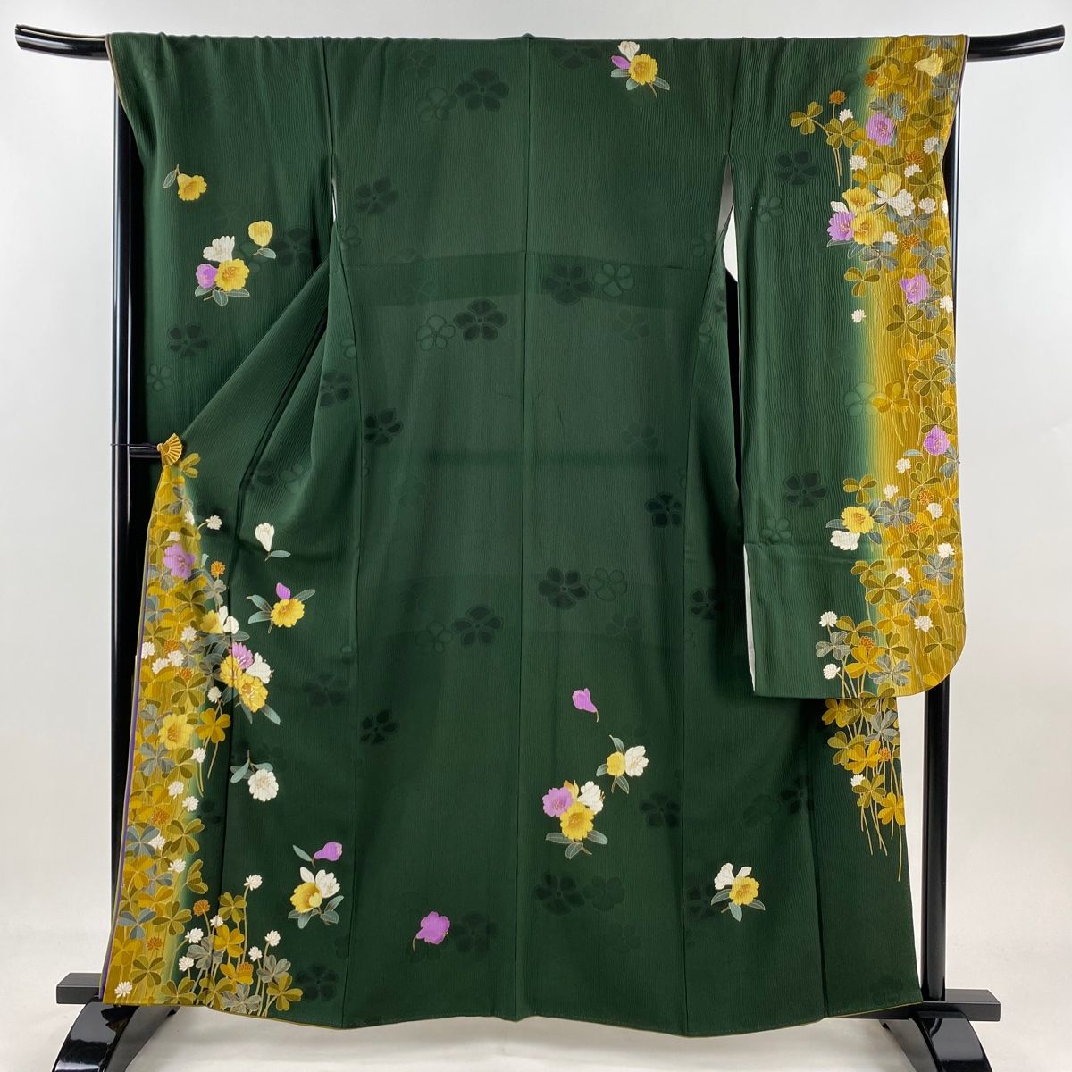 振袖 身丈160 cm 裄丈70 L 袷 草花 金糸 金彩 深緑 正絹