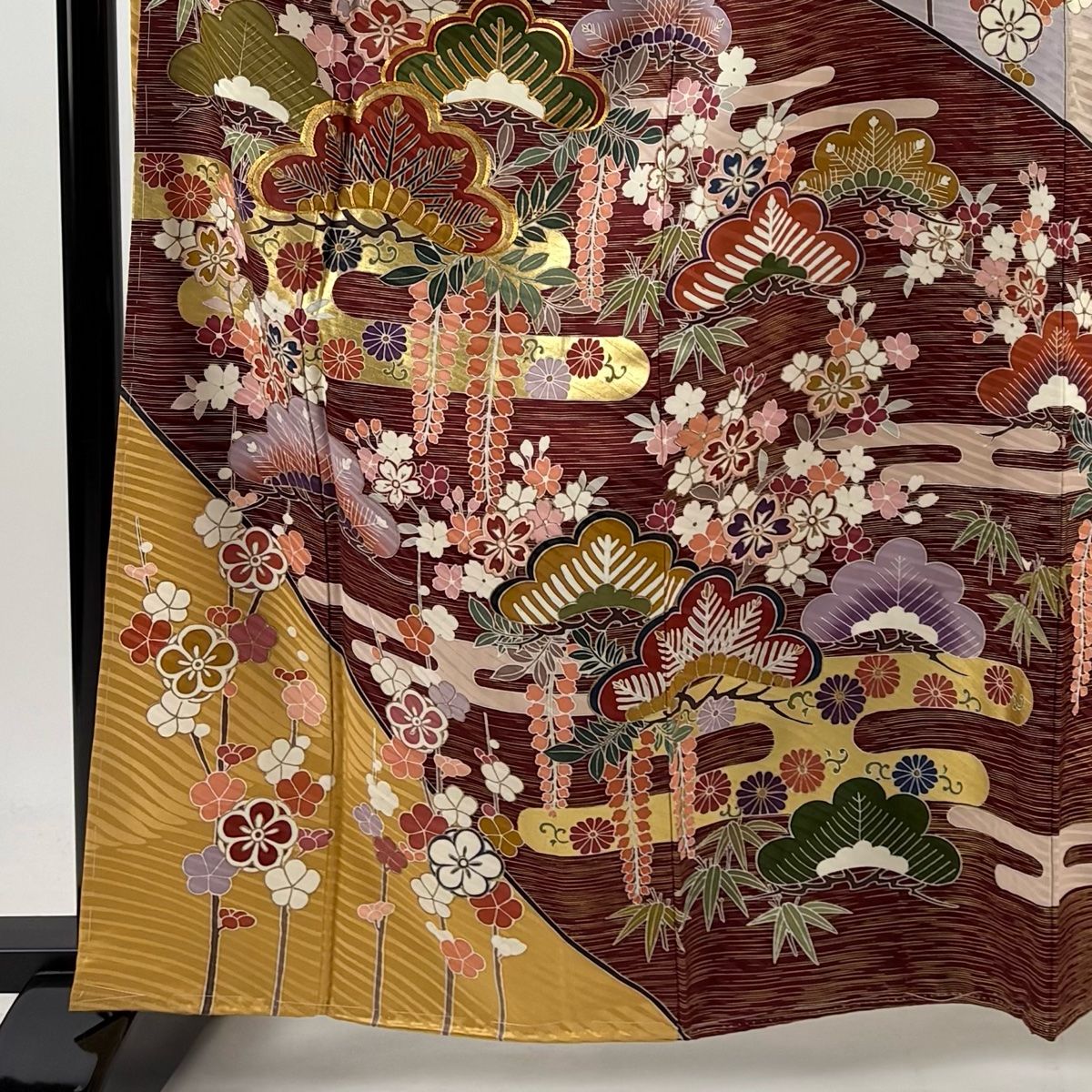 振袖 身丈162 5 cm 裄丈66 M 袷 松竹梅 ヱ霞 金糸 金彩 小豆色 正絹