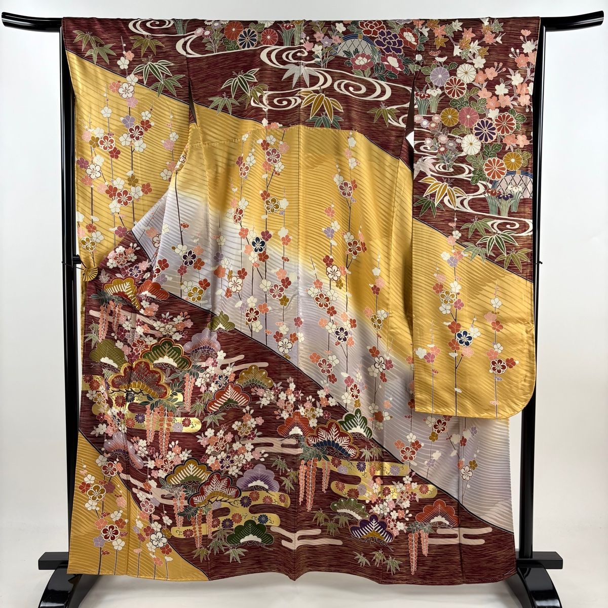 振袖 身丈162 5 cm 裄丈66 M 袷 松竹梅 ヱ霞 金糸 金彩 小豆色 正絹