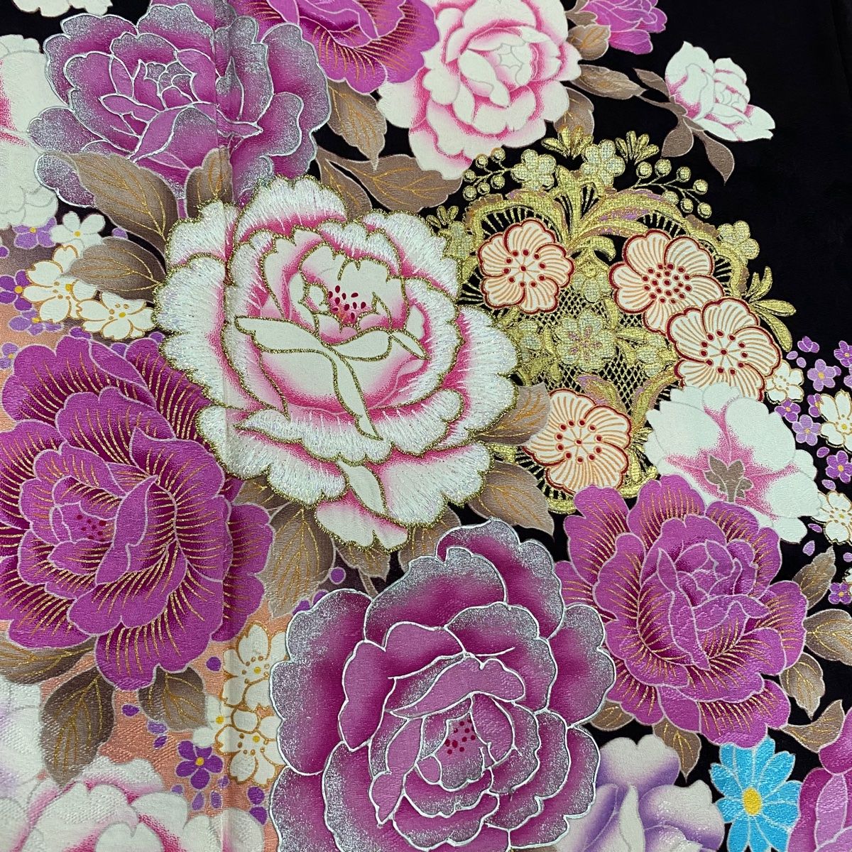  振袖 身丈168.5 cm 裄丈68 L 袷 薔薇 刺繍 金銀彩 茶紫 正絹 振袖 着物
