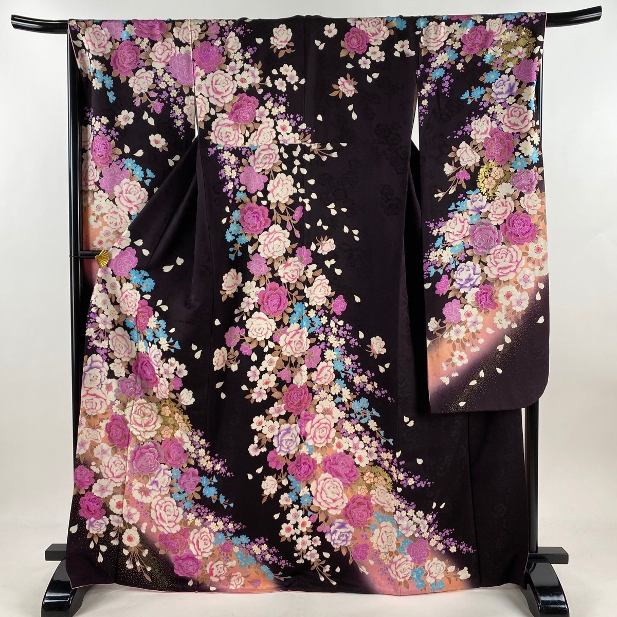 振袖 身丈168.5 cm 裄丈68 L 袷 薔薇 刺繍 金銀彩 茶紫 正絹