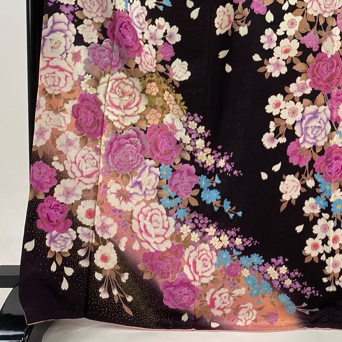 振袖 身丈168.5 cm 裄丈68 L 袷 薔薇 刺繍 金銀彩 茶紫 正絹