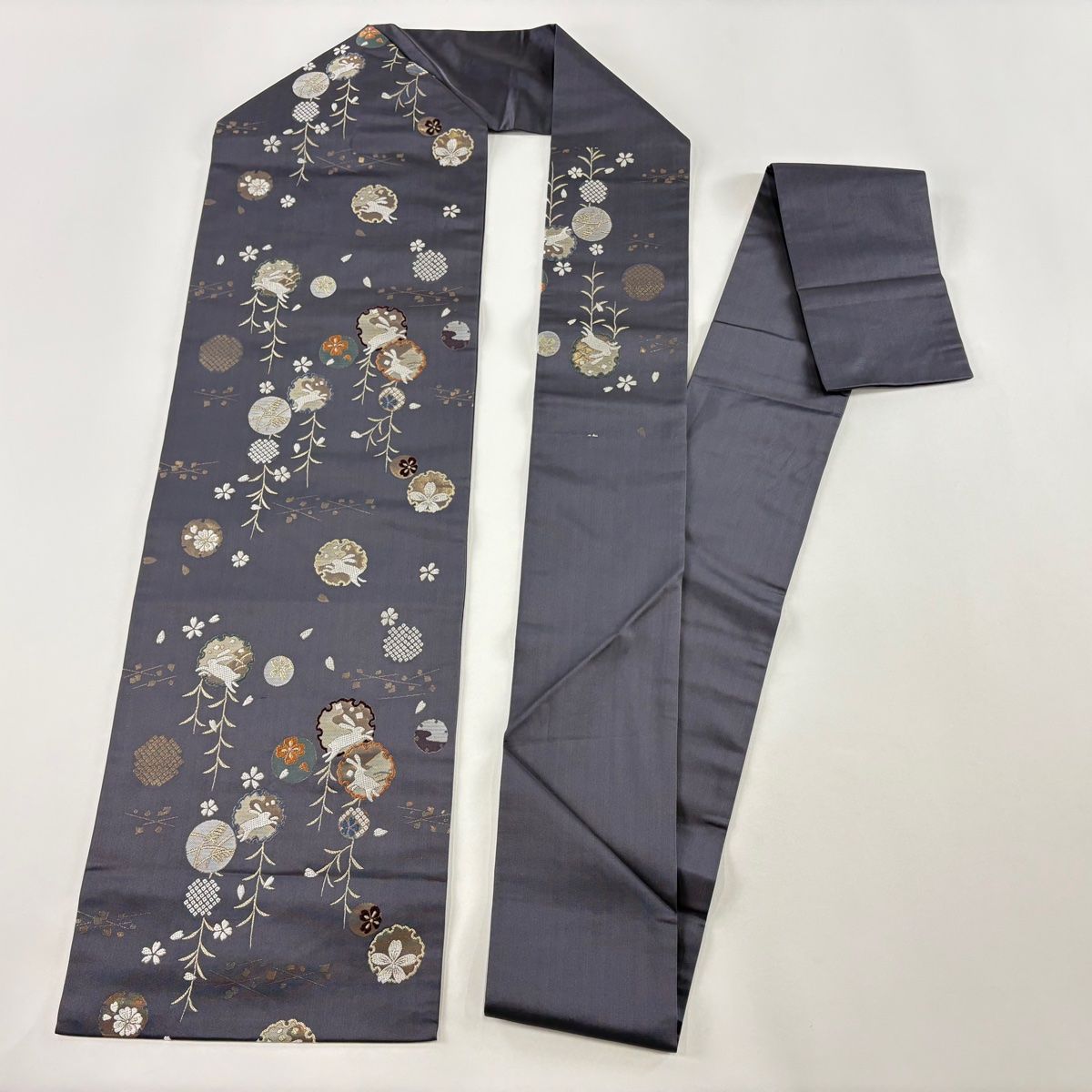  名古屋帯 雪輪 うさぎ 箔 灰紫 正絹 名古屋帯 帯