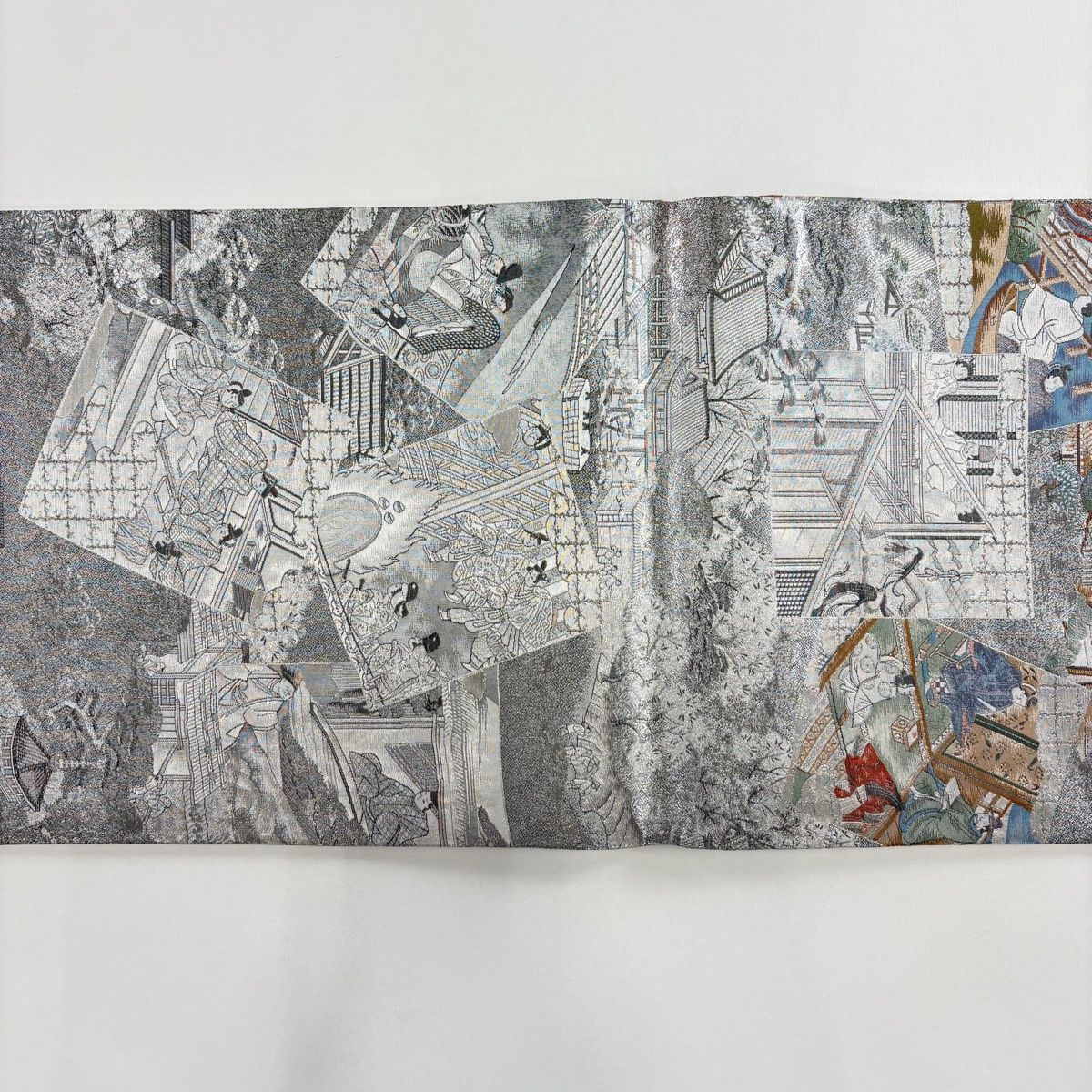  丸帯 色紙 御所風景 箔 銀糸 銀色 お太鼓柄 正絹 丸帯 帯