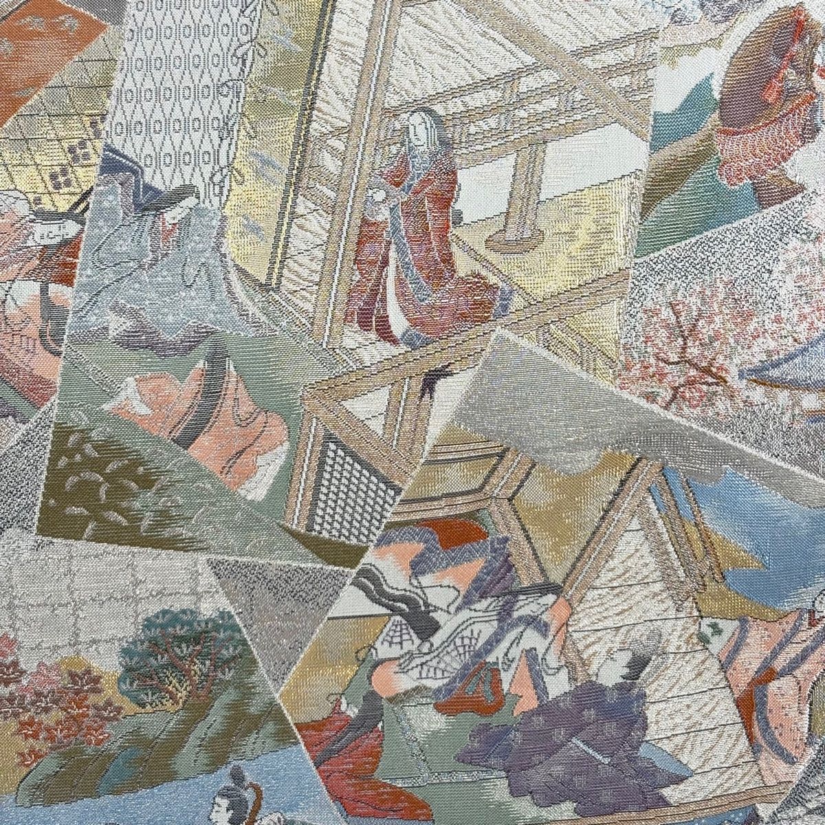 丸帯 色紙 御所風景 箔 銀糸 銀色 お太鼓柄 正絹