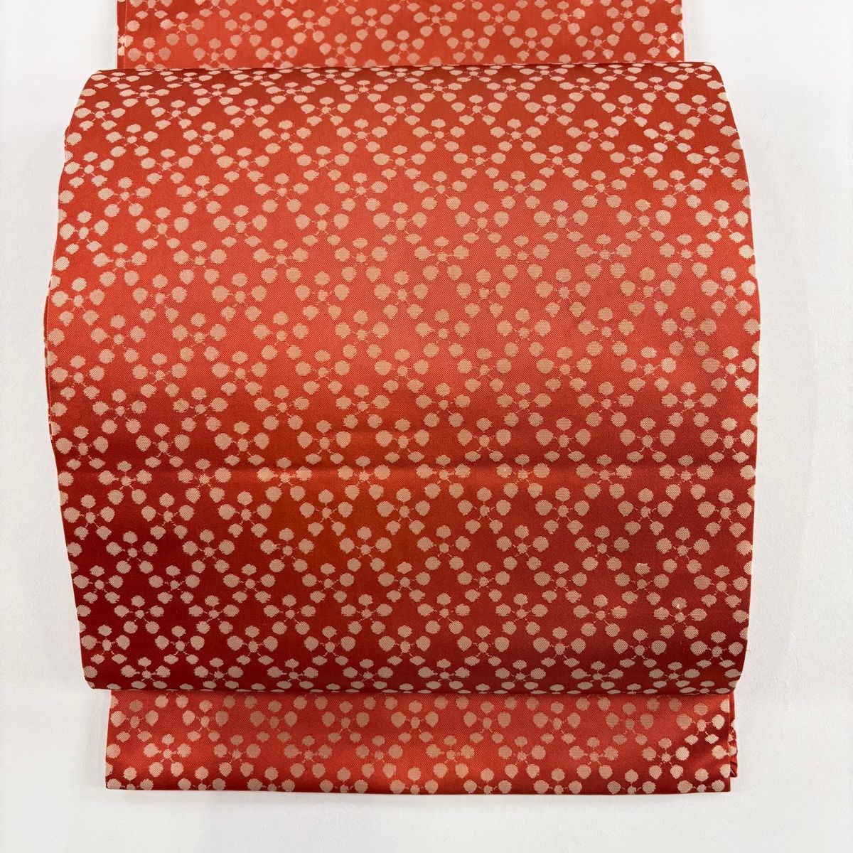 開き名古屋帯 龍村美術織物 比翼仕立て 利休緞子 朱色 正絹