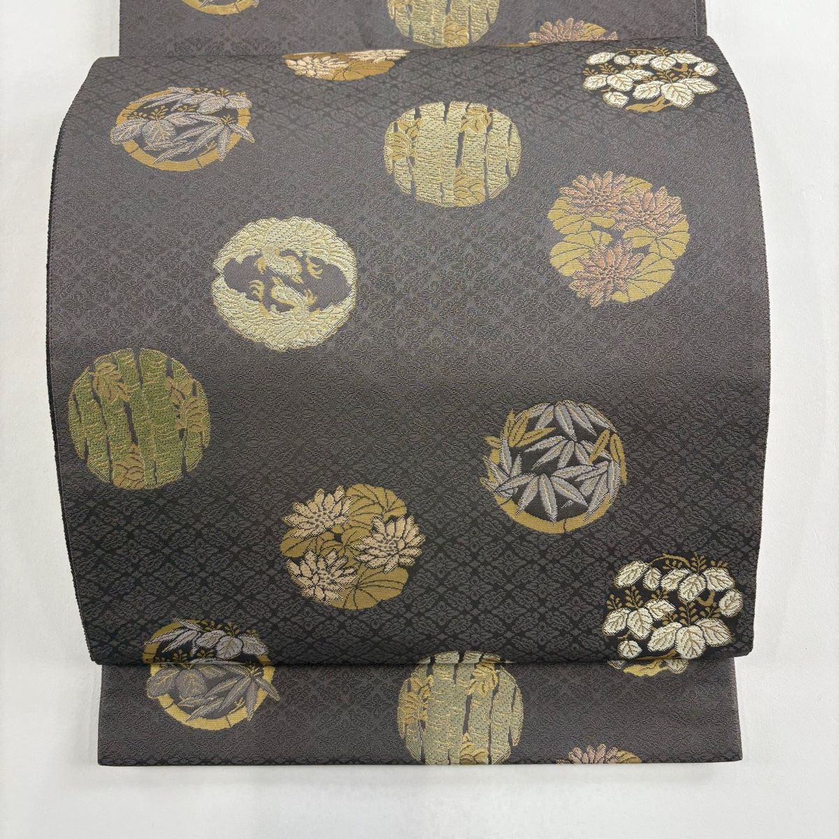 袋帯 箔屋清兵衛 落款 桐竹鳳凰御印文 箔 草木染 灰紫 六通 正絹