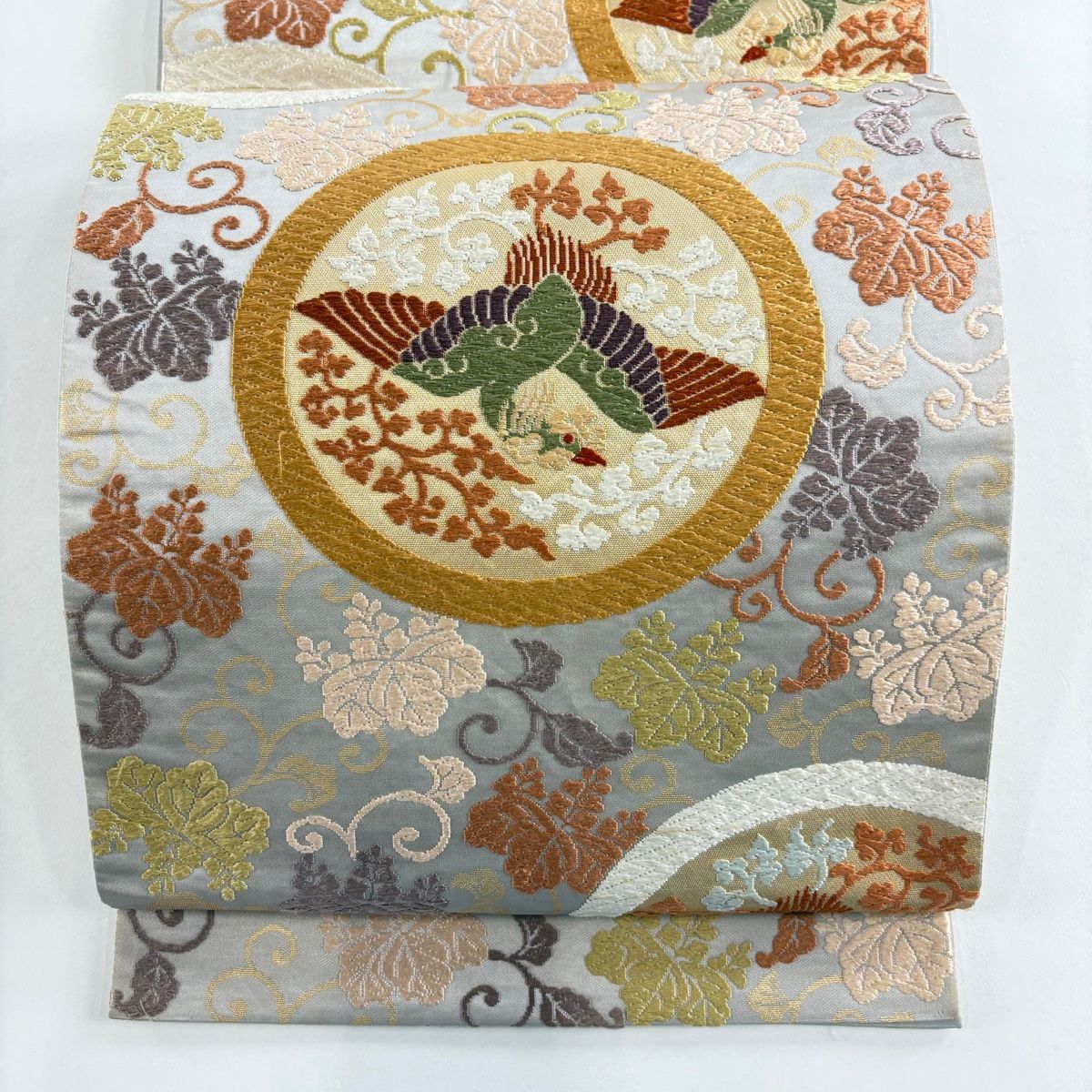 袋帯 河合美術織物 落款 鳳凰 桐唐草 唐織 箔 灰色 六通 正絹