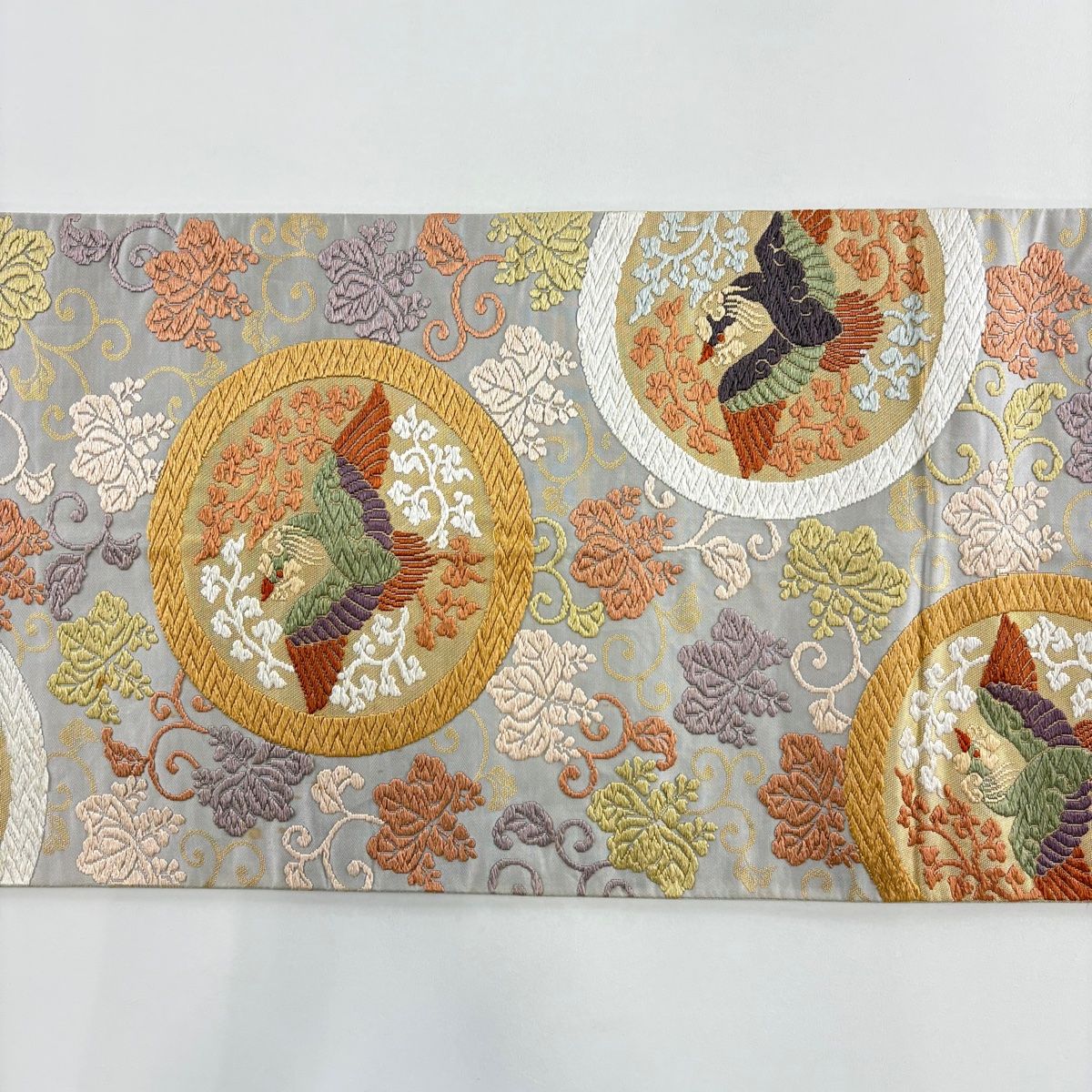  袋帯 河合美術織物 落款 鳳凰 桐唐草 唐織 箔 灰色 六通 正絹 袋帯 帯