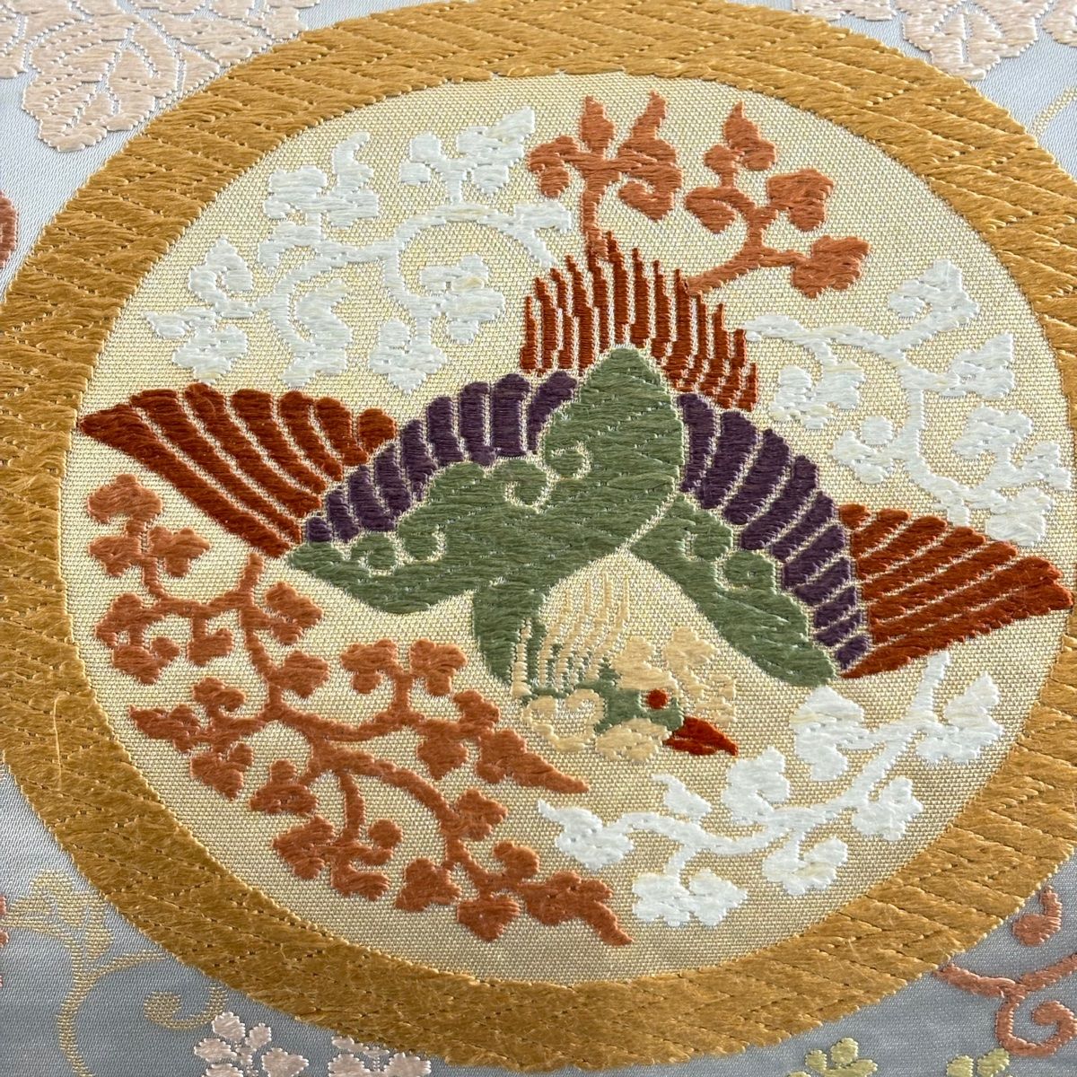 袋帯 河合美術織物 落款 鳳凰 桐唐草 唐織 箔 灰色 六通 正絹