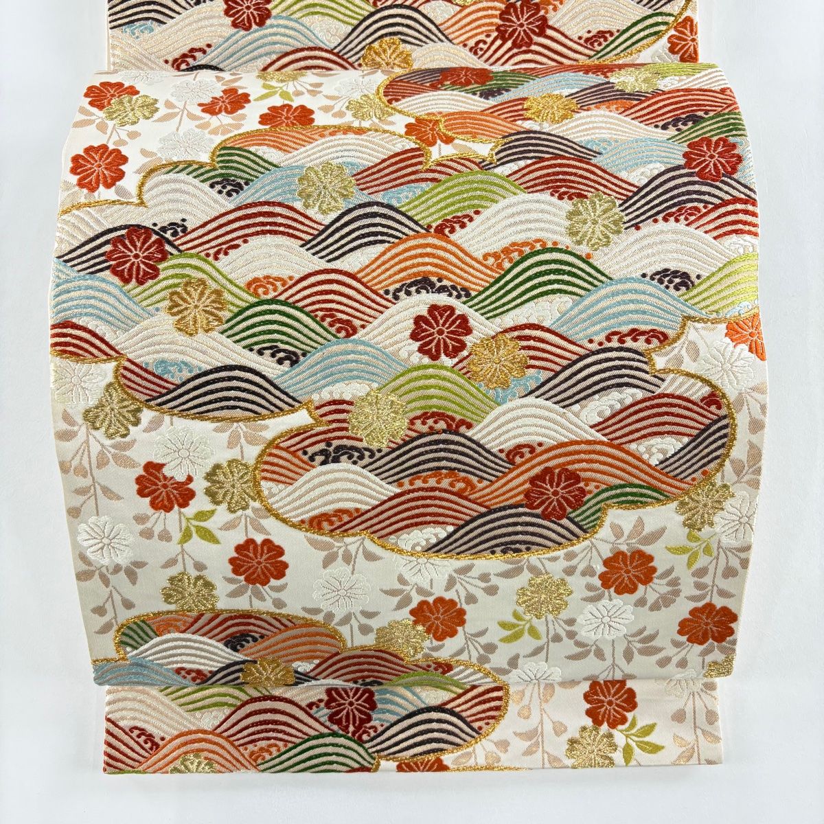 袋帯 河合美術織物 落款 波 枝垂れ桜 金糸 箔 ベージュ 六通 正絹