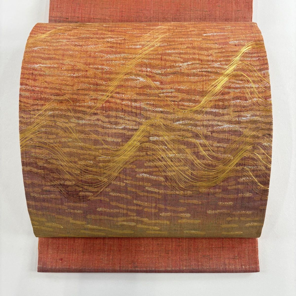 袋帯 関西仕立て 幾何学模様 霞 金銀糸 金通し 薄黄土色 お太鼓柄 正絹