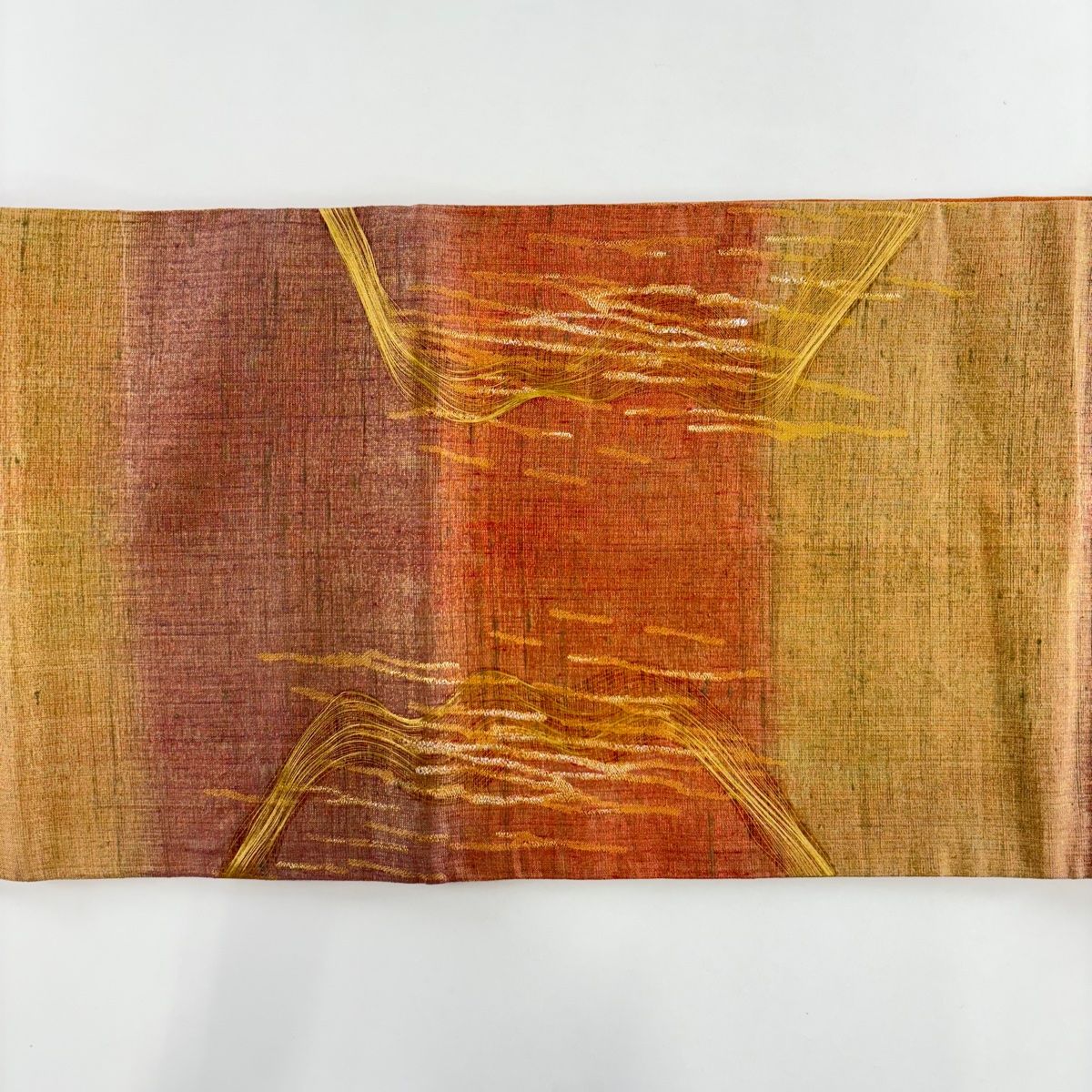  袋帯 関西仕立て 幾何学模様 霞 金銀糸 金通し 薄黄土色 お太鼓柄 正絹 袋帯 帯