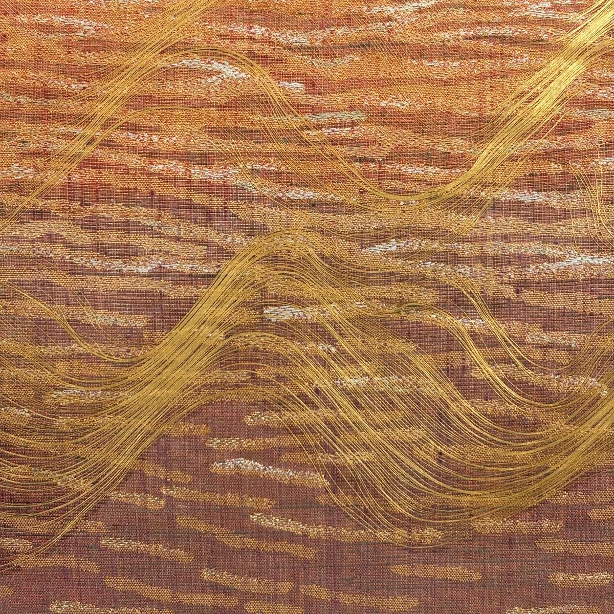 袋帯 関西仕立て 幾何学模様 霞 金銀糸 金通し 薄黄土色 お太鼓柄 正絹