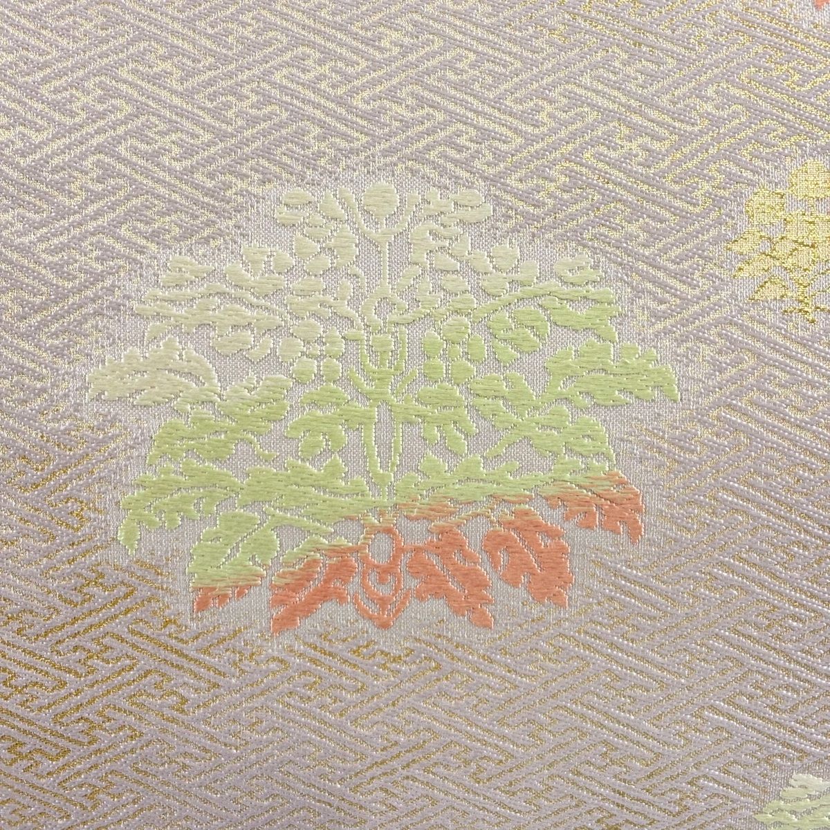 袋帯 落款 高田俊男 まほろば 草花 紗綾形 箔 薄紫 六通 正絹