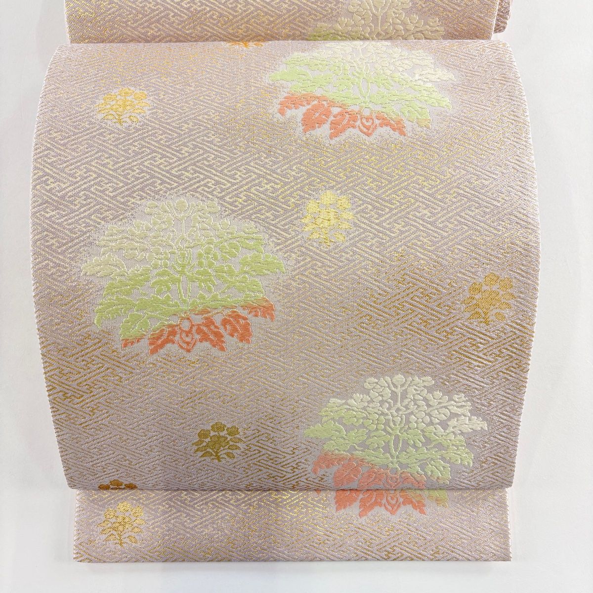 袋帯 落款 高田俊男 まほろば 草花 紗綾形 箔 薄紫 六通 正絹