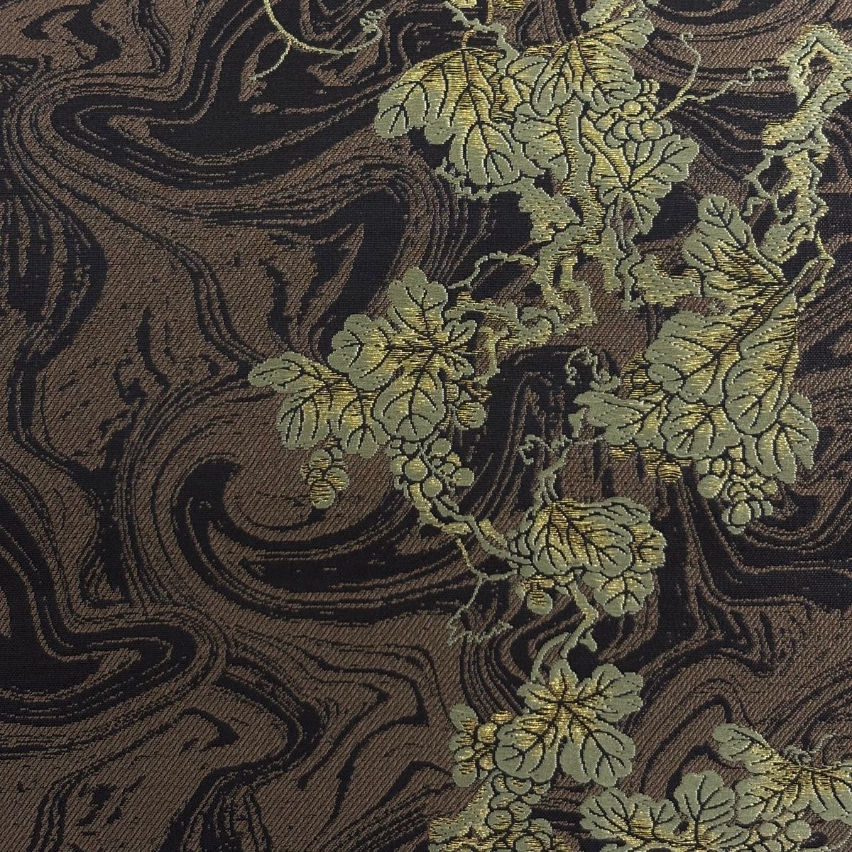 袋帯 葡萄 幾何学模様 金糸 焦茶色 六通 正絹